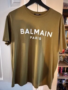 Balmain Olive Green Crewneck T-Shirt with White Logo